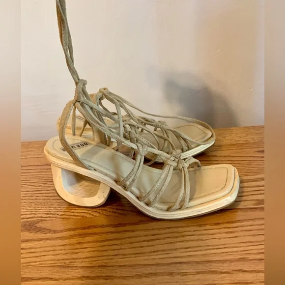 VTG y2k Bamboo Cut Out Heels Wrap Tie Sandal Wedge Wood Suede 7 2000 90s Chunk - Picture 9 of 12